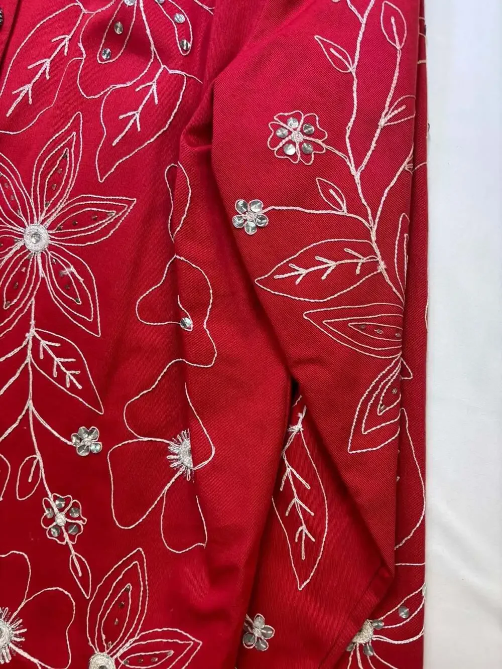 Red Cotton Embroidered Jacket, Sequin Floral Design - Indigo Moon, Medium